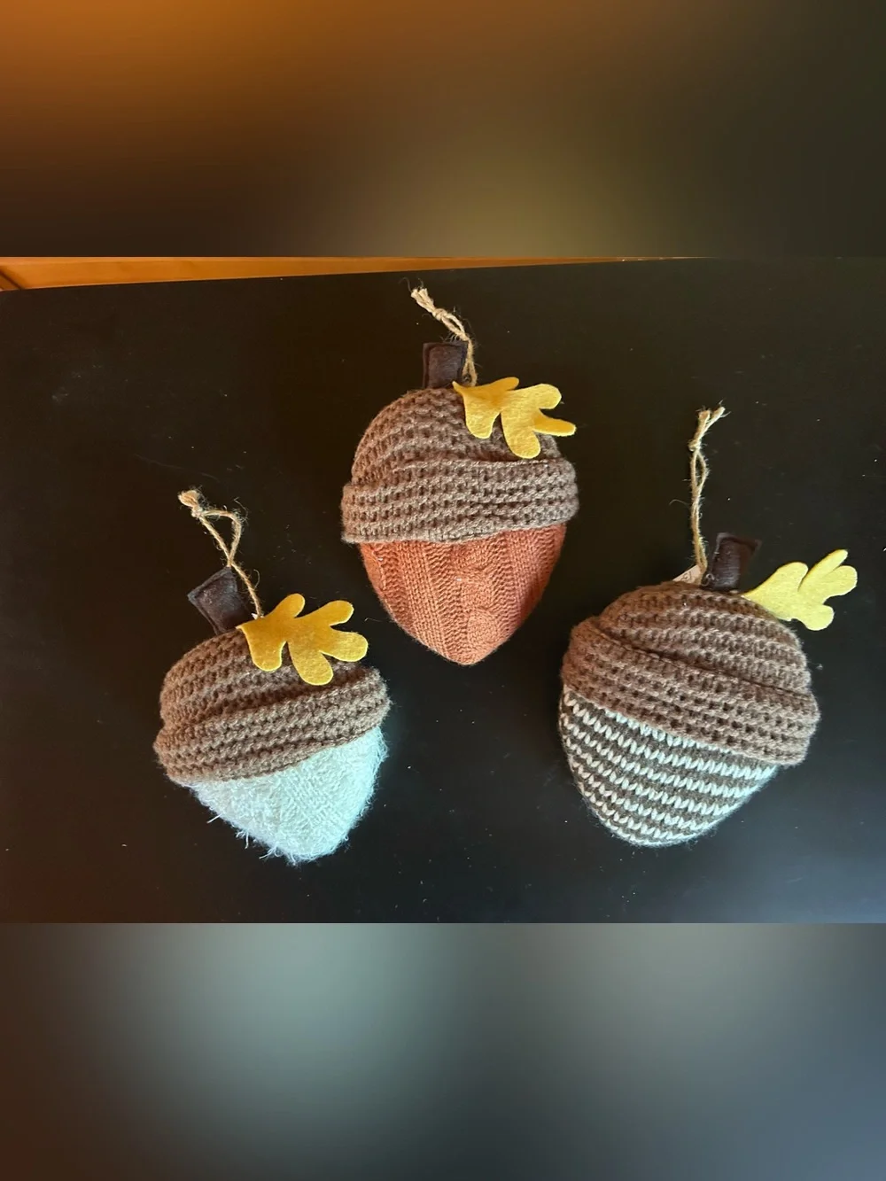Handmade Brown and Orange Knit Acorn Ornaments - Set of 3
